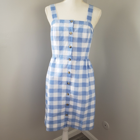 J. Crew Factory Dresses & Skirts - J. Crew Factory Linen Button Front Blue Plaid Checked Square Neck Dress Jumper 2